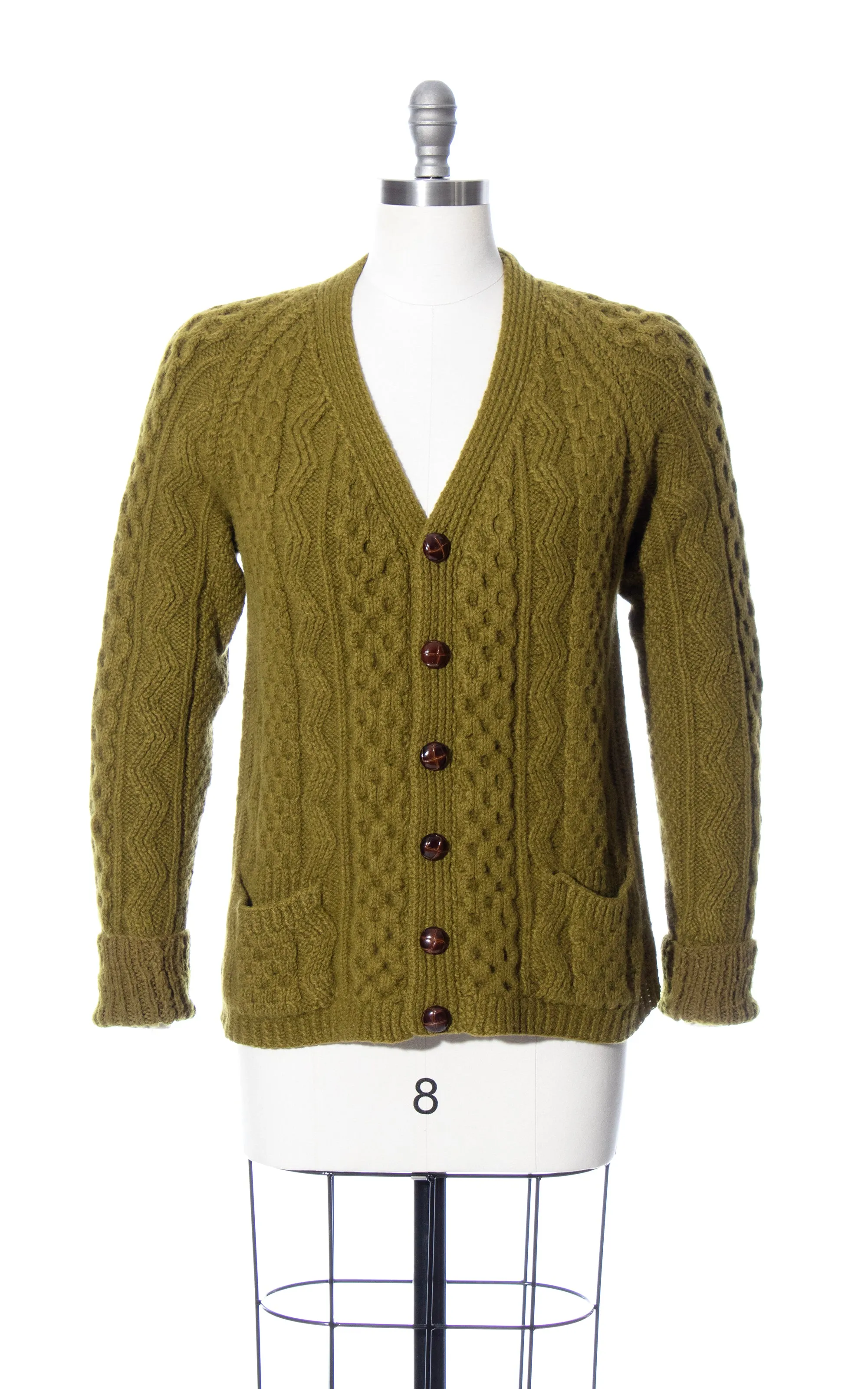 1960s 1970s Olive Green Knit Wool Fisherman's Cardigan | medium/large