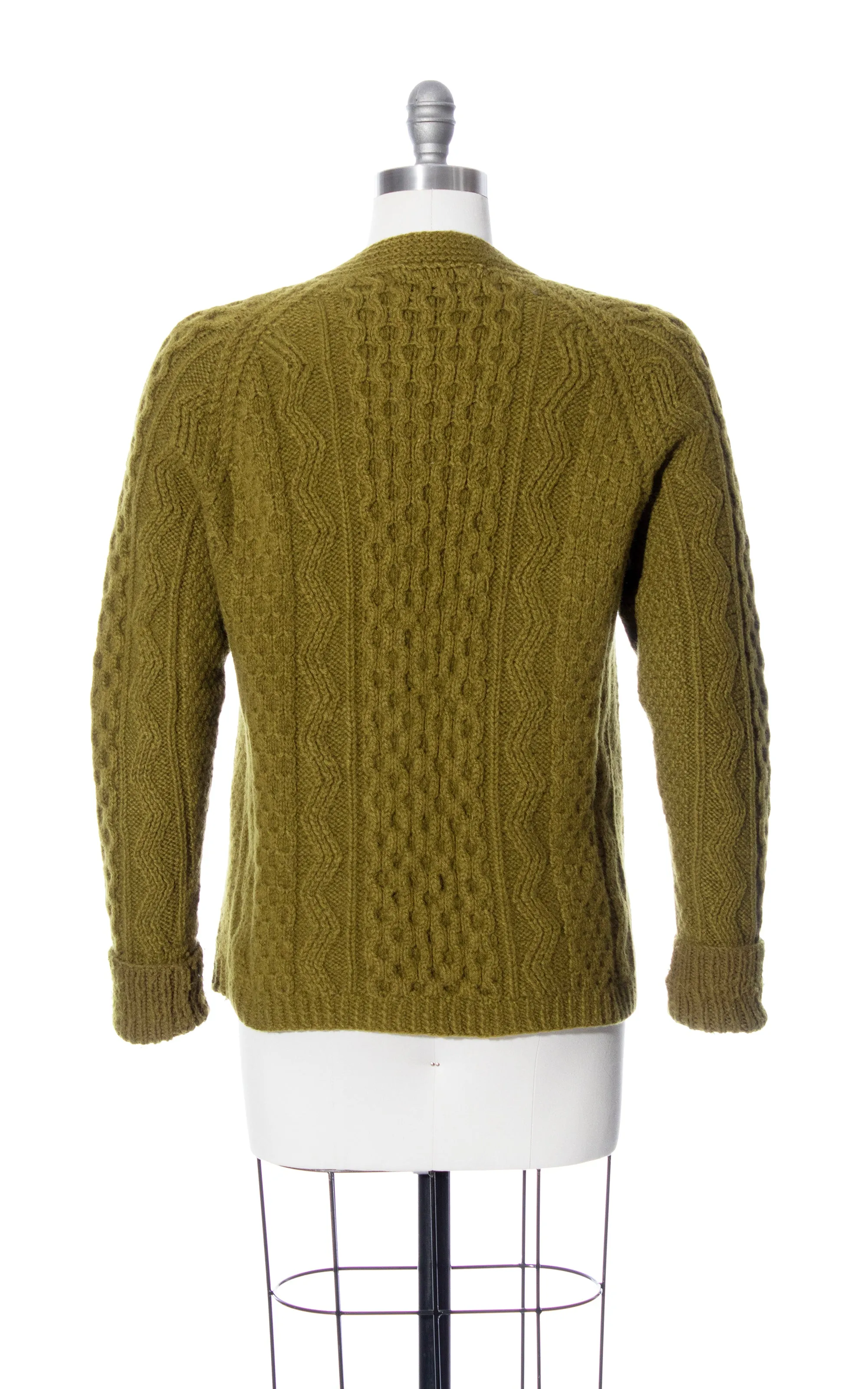 1960s 1970s Olive Green Knit Wool Fisherman's Cardigan | medium/large