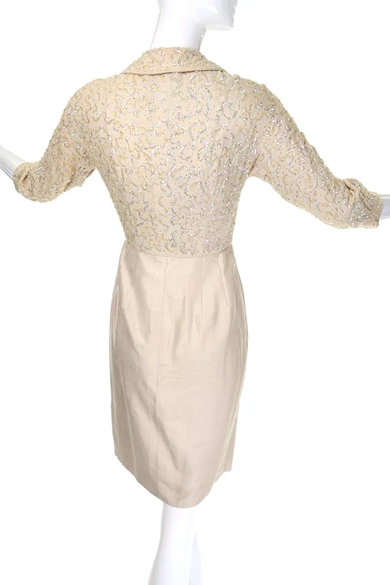 1960s Cream Silk Vintage Faux Wrap Dress w/ Beading & Sequins