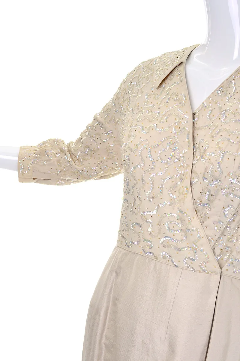 1960s Cream Silk Vintage Faux Wrap Dress w/ Beading & Sequins