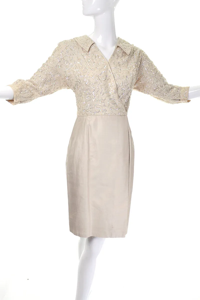 1960s Cream Silk Vintage Faux Wrap Dress w/ Beading & Sequins