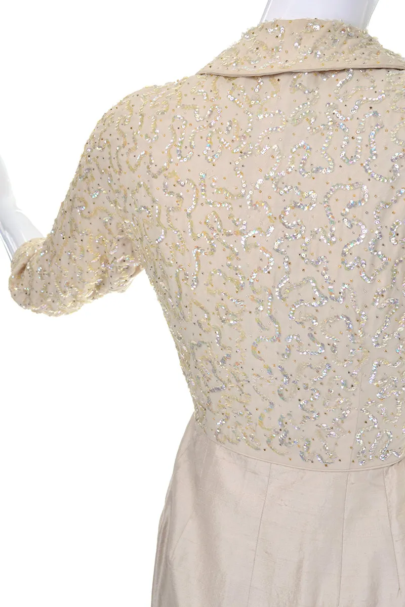 1960s Cream Silk Vintage Faux Wrap Dress w/ Beading & Sequins
