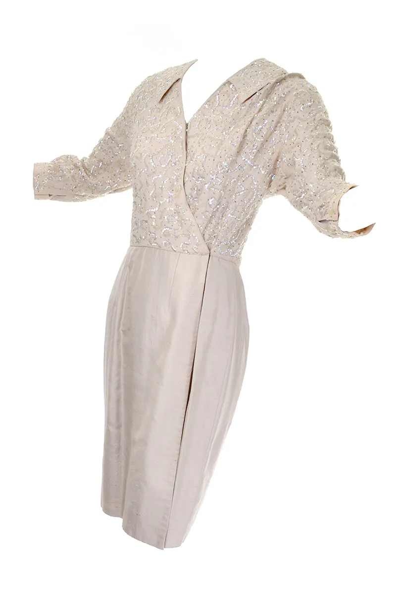 1960s Cream Silk Vintage Faux Wrap Dress w/ Beading & Sequins