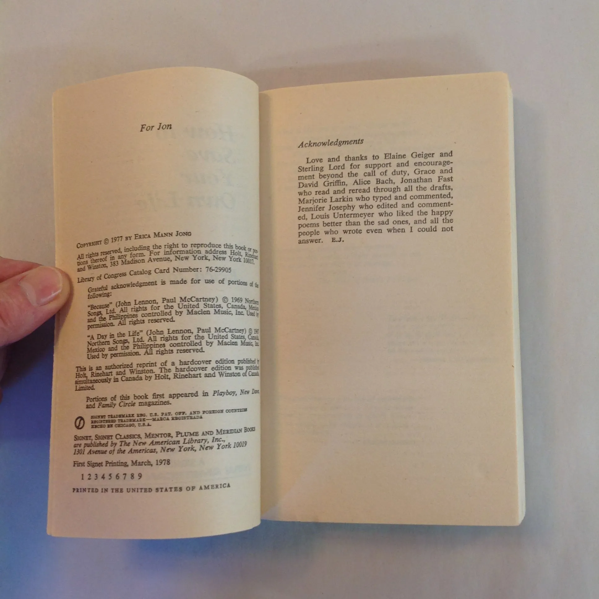 1978 Mass Market Paperback How To Save Your Own Life Erica Jong