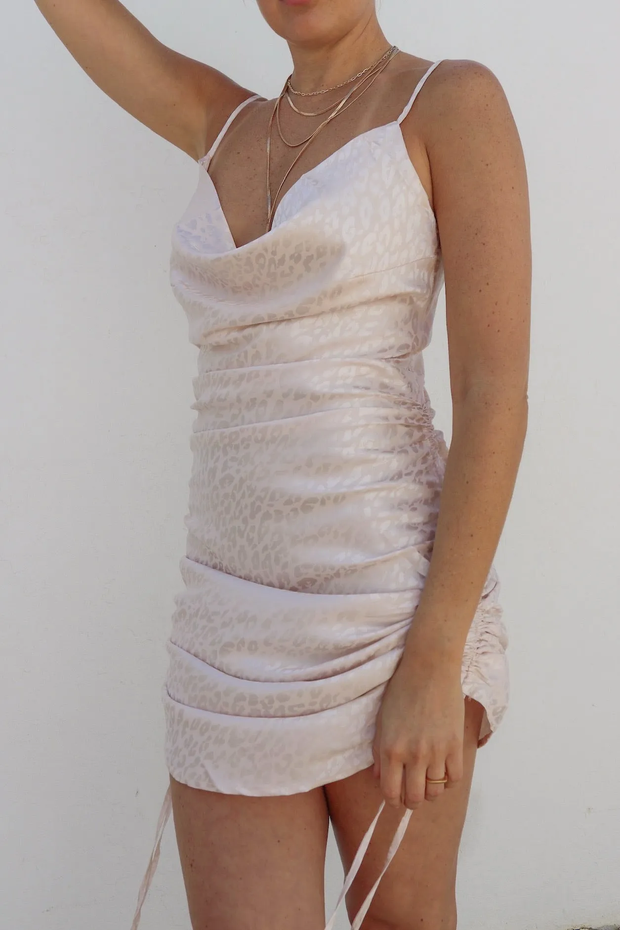 'Acacia' Ruched Slip Dress in Cream Print