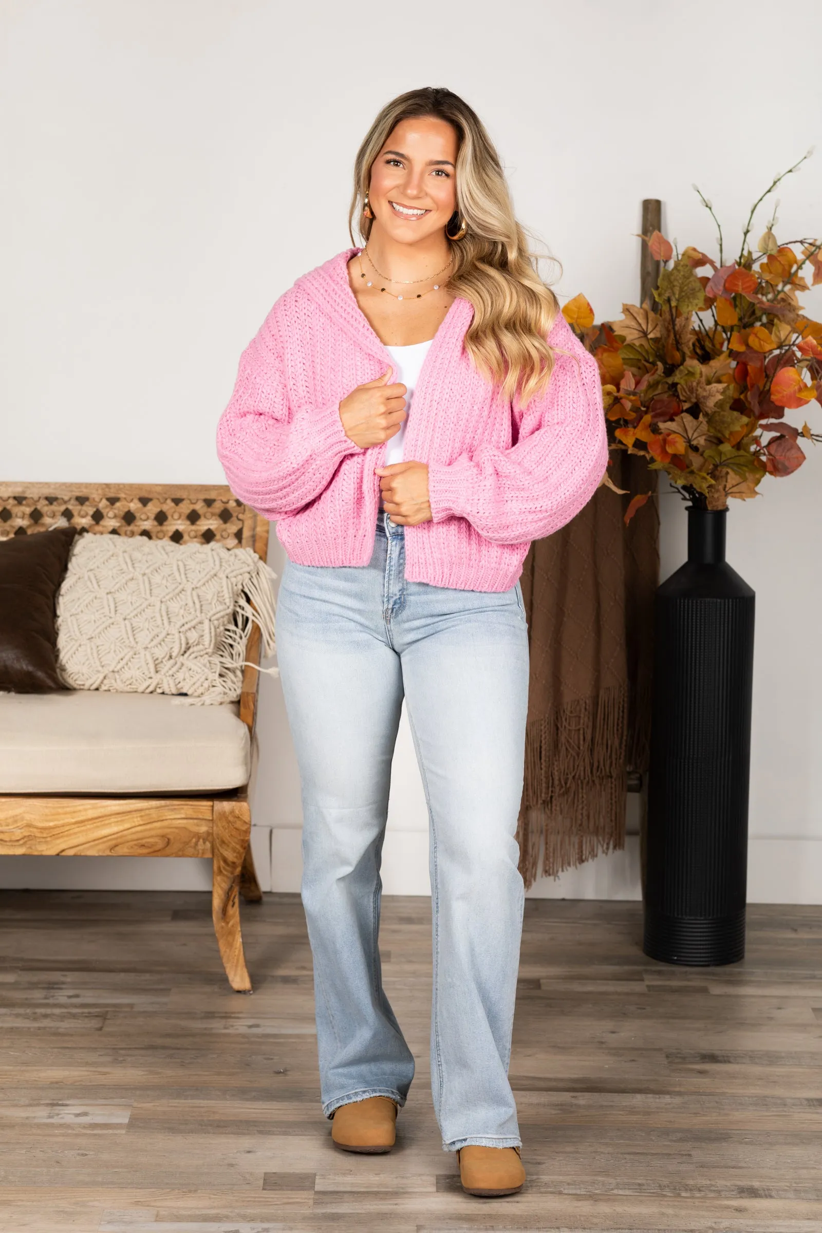 Baby Pink Chunky Hooded Cardigan