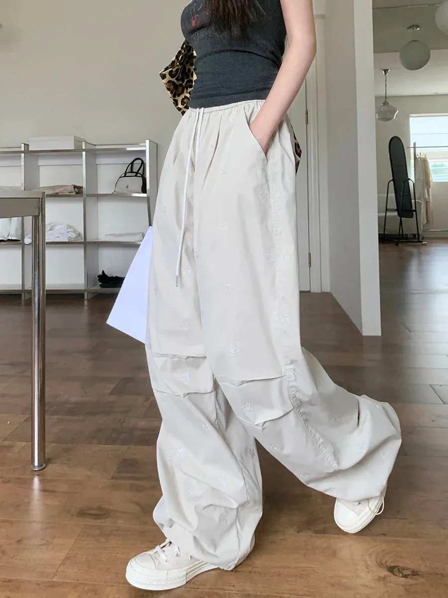 Baggy Drawstring Embroidered Y2K Streetwear American Bow Joggers Casual Retro Wide-leg Pants