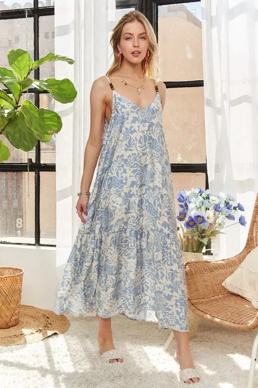 Blue and Ivory Floral Beaded Strap Midi Dress