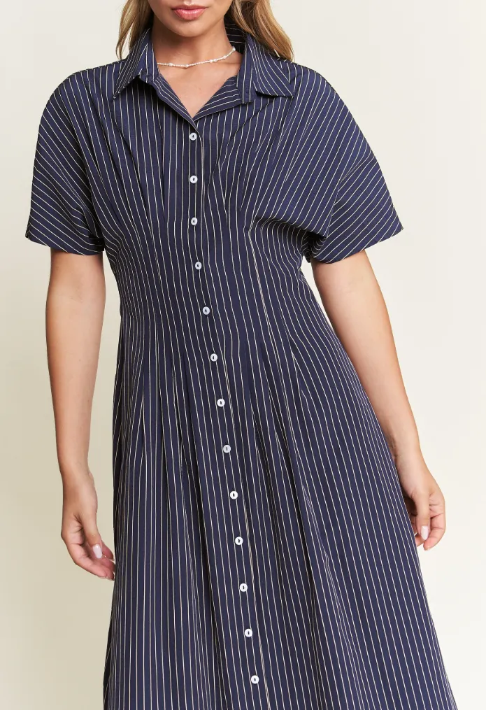 Button-Front Striped Midi Dress