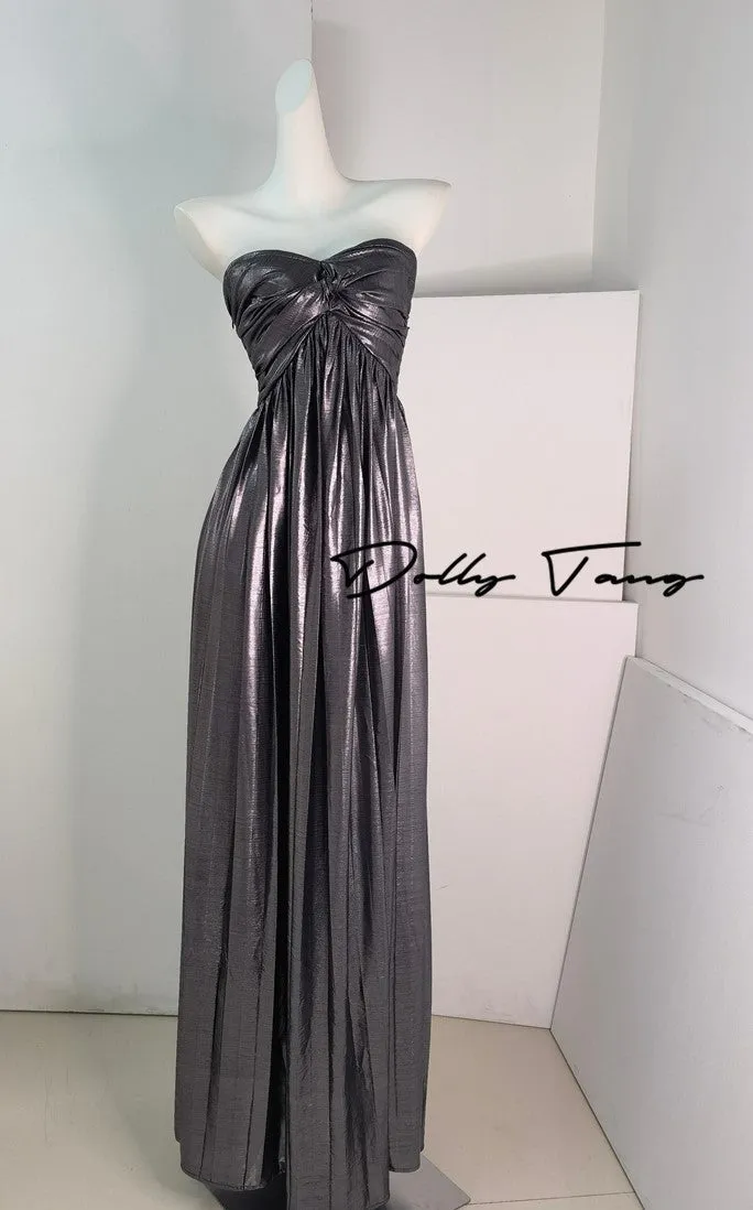 DOLLY Luxury Metallic Ash Pleated Tube Top Long Slit Dress-VIVA
