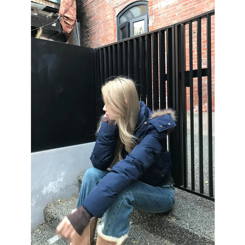 Fashionkova shoes 90 White Duck down Navy Blue Hooded Fur Collar Thickened Coat for Women 2024 Winter Small Short down Jacket