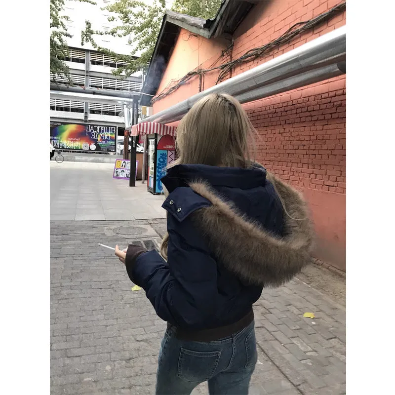 Fashionkova shoes 90 White Duck down Navy Blue Hooded Fur Collar Thickened Coat for Women 2024 Winter Small Short down Jacket