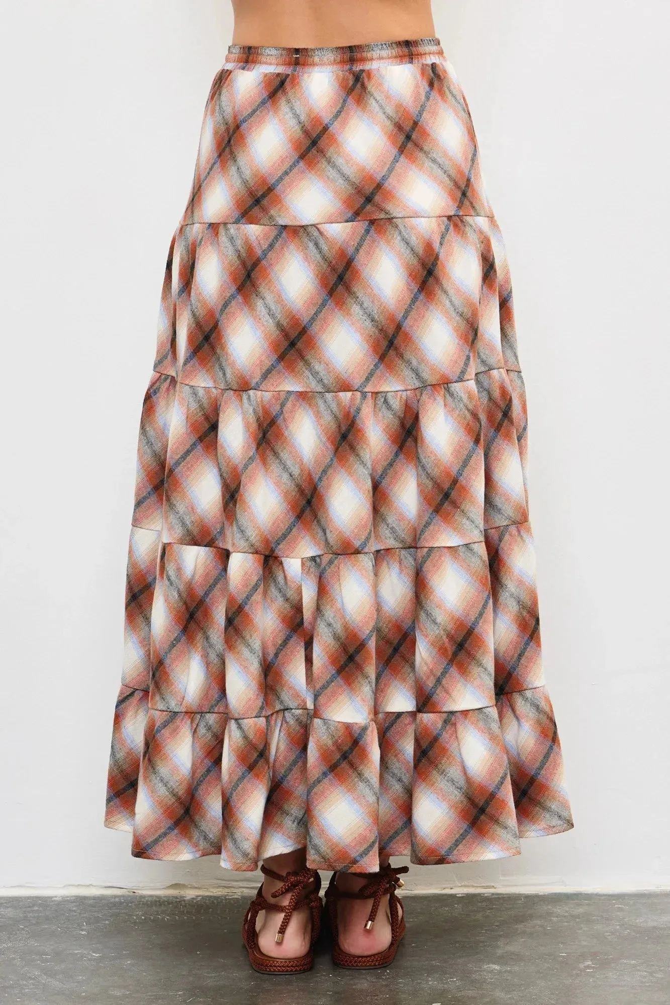 Flannel Plaid Tiered Hem Maxi Skirt