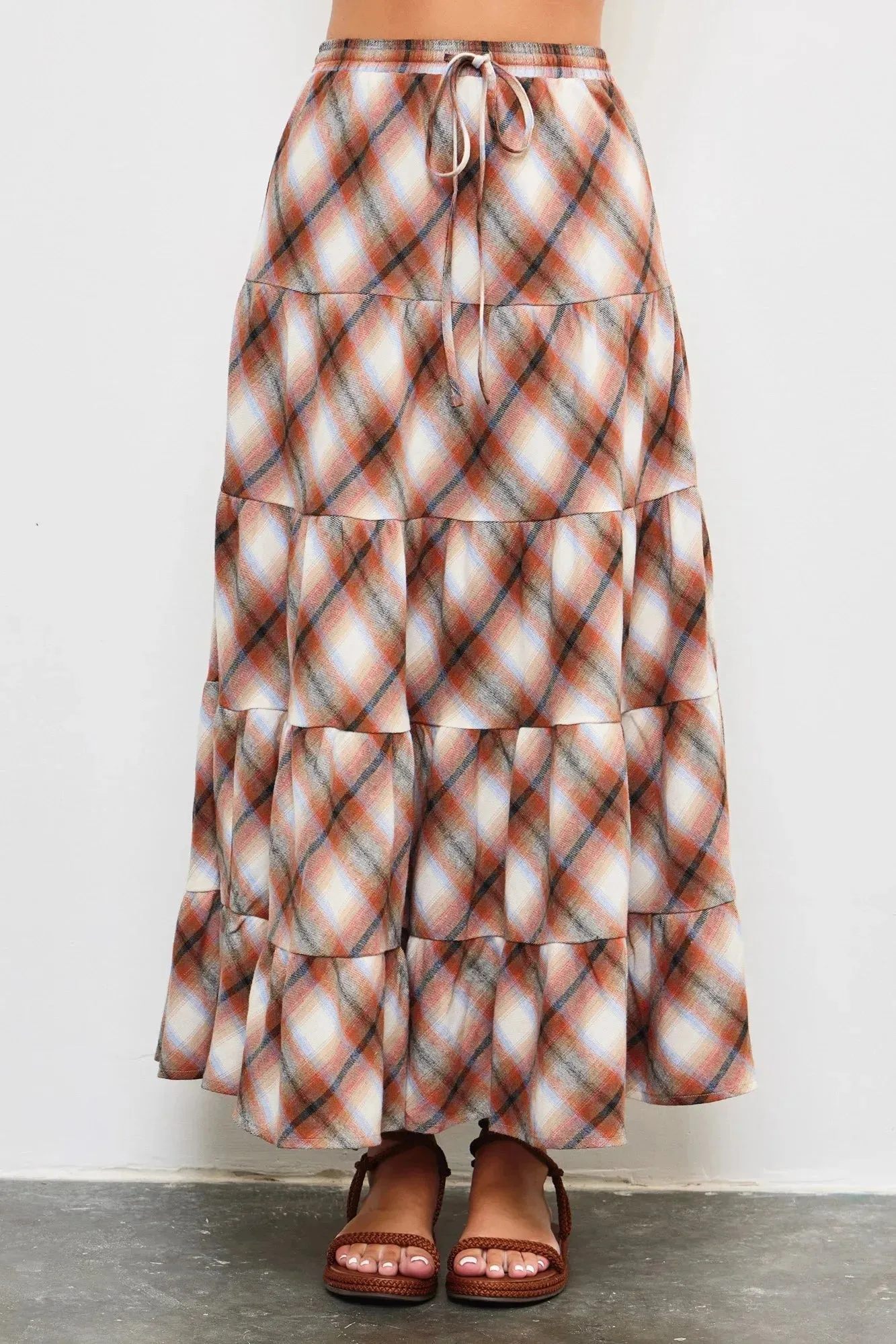 Flannel Plaid Tiered Hem Maxi Skirt
