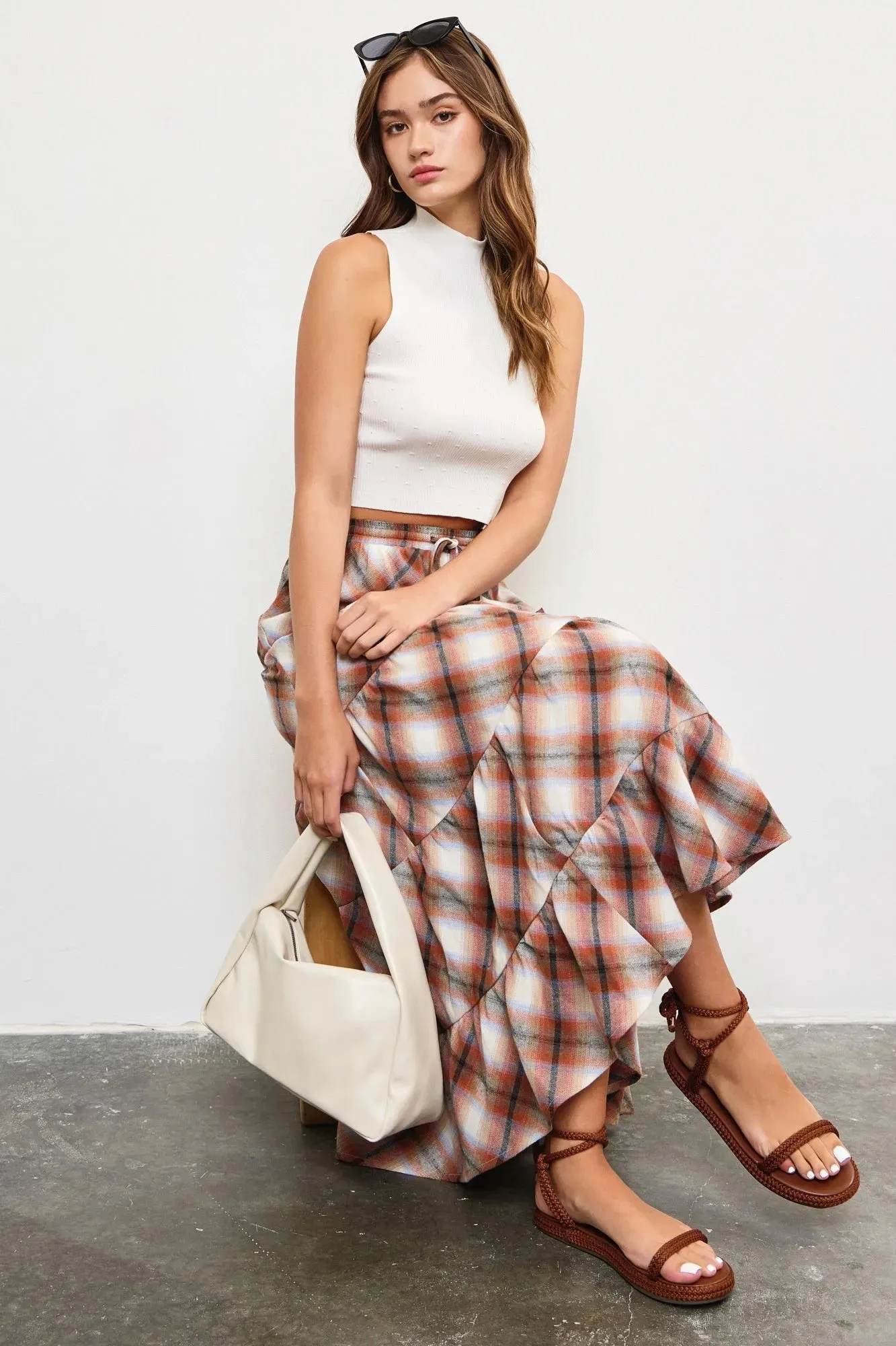 Flannel Plaid Tiered Hem Maxi Skirt