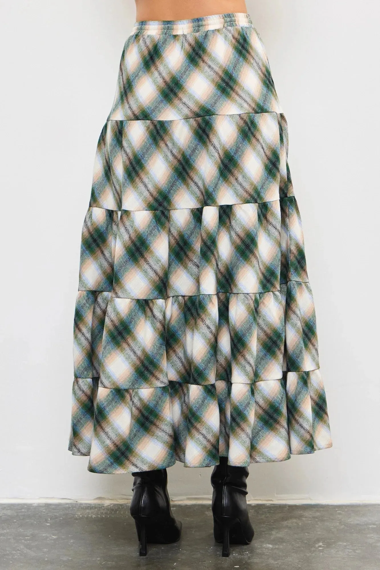 Flannel Plaid Tiered Hem Maxi Skirt