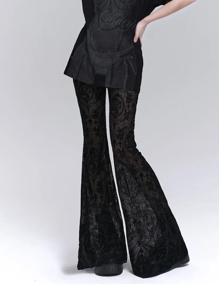 Gothic Black Lace Rosette Flared Pants
