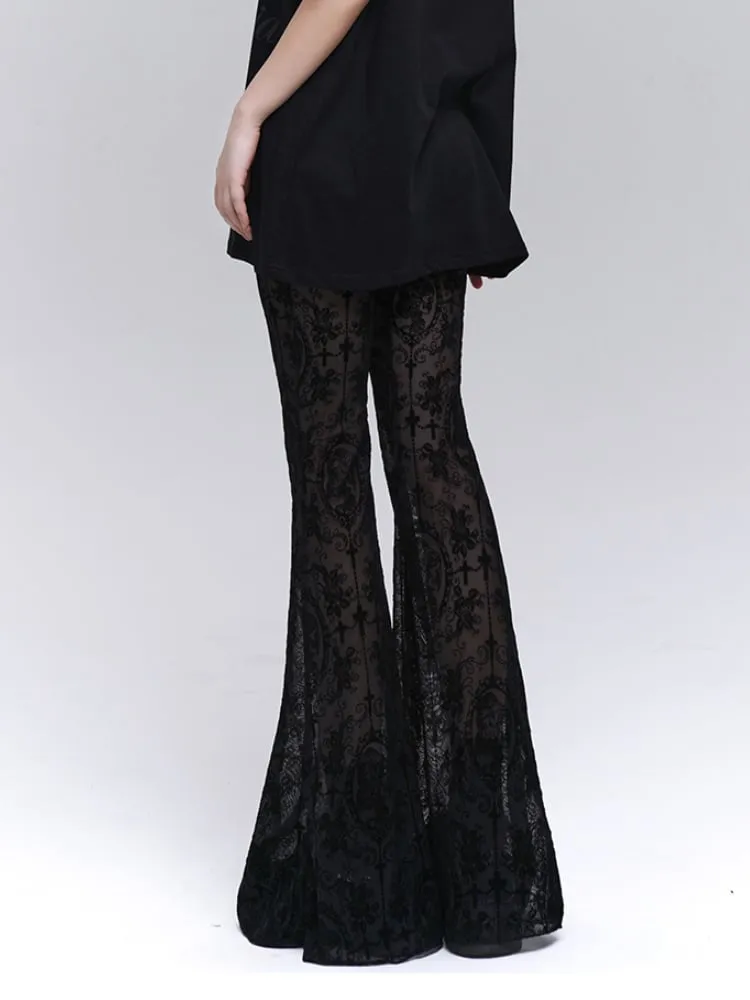 Gothic Black Lace Rosette Flared Pants