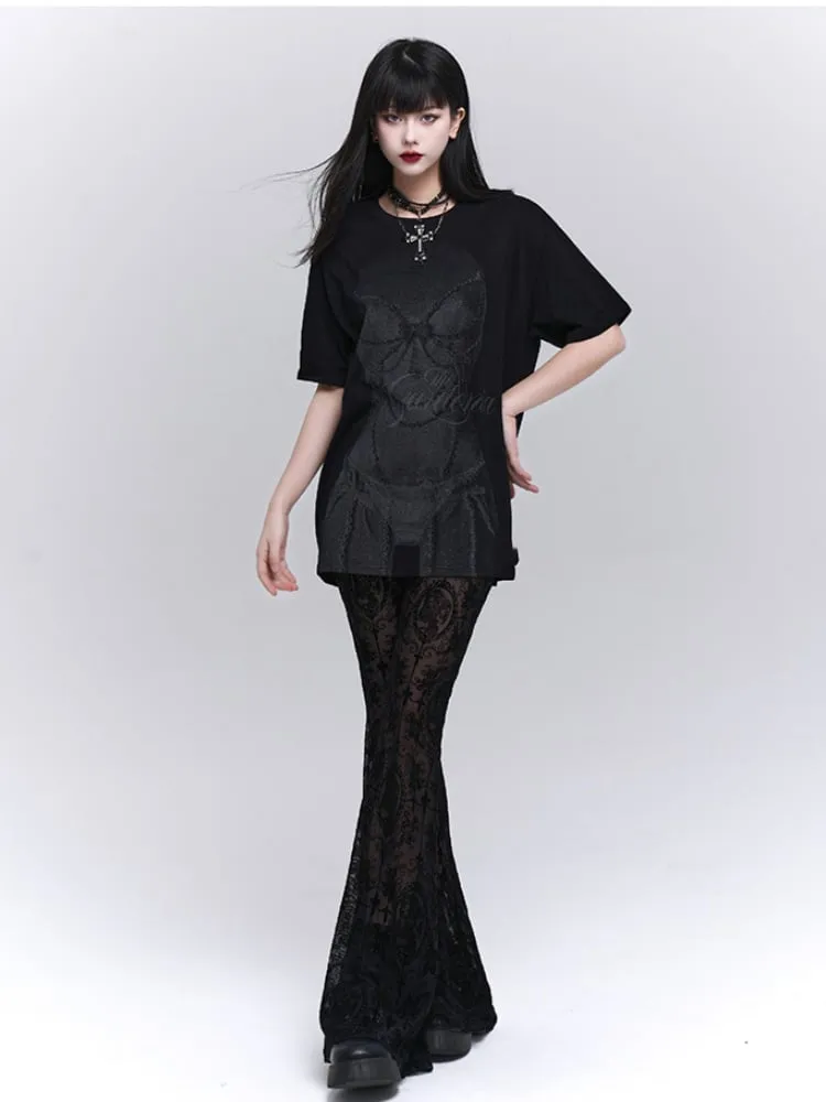 Gothic Black Lace Rosette Flared Pants