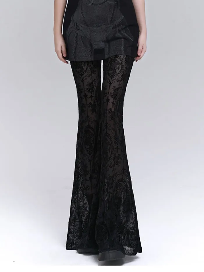 Gothic Black Lace Rosette Flared Pants