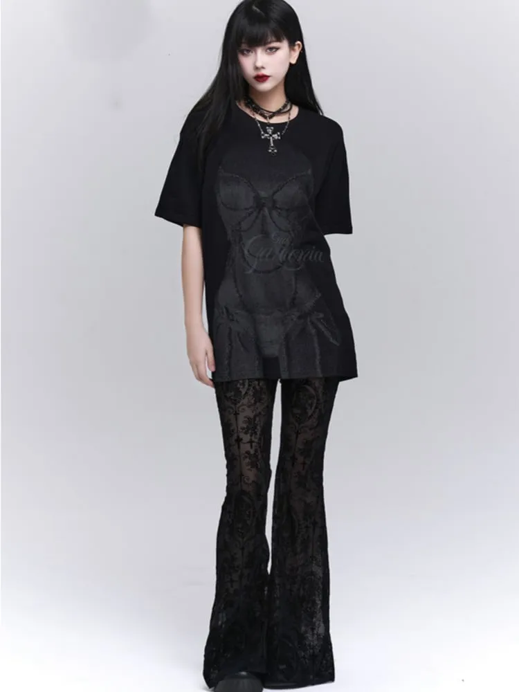 Gothic Black Lace Rosette Flared Pants
