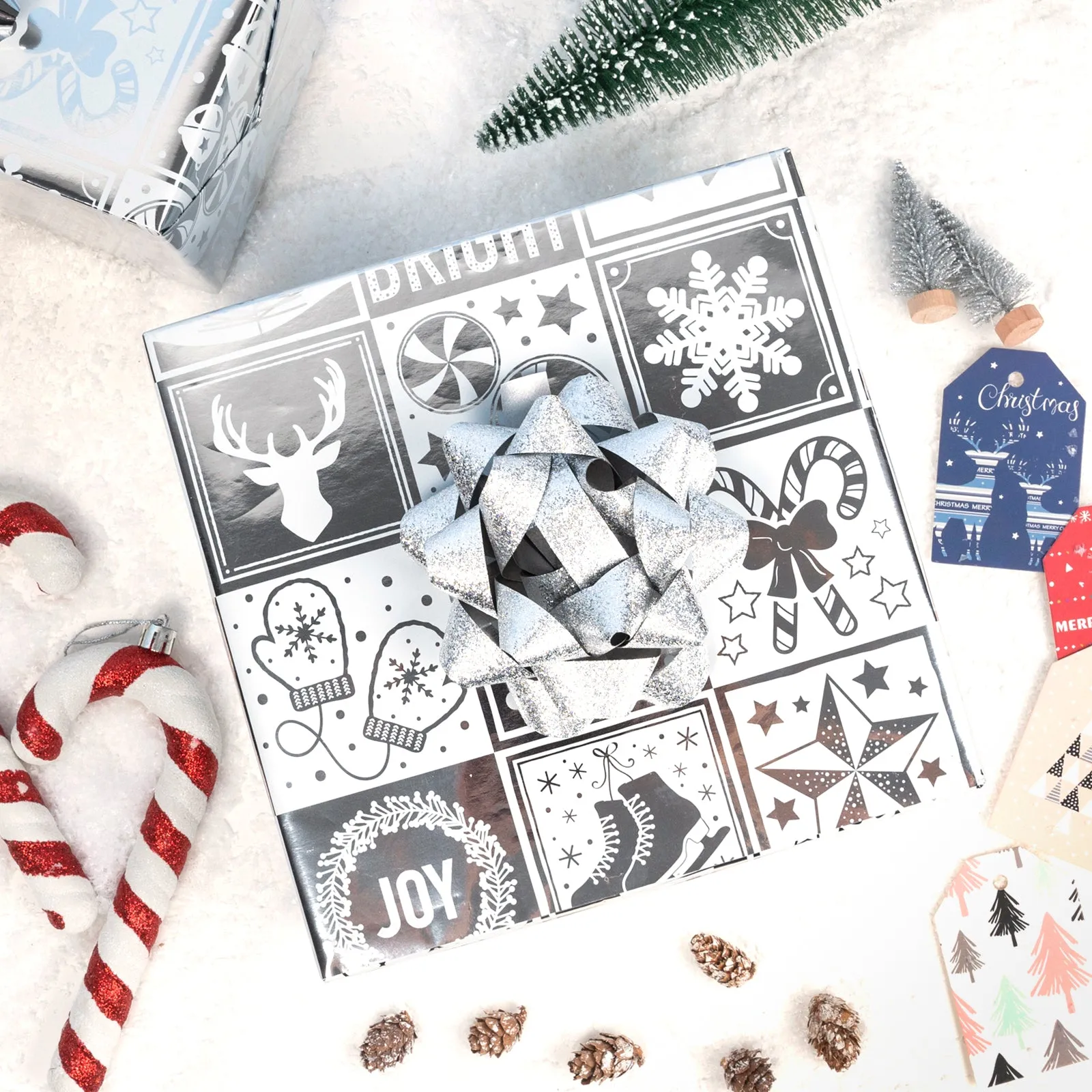 Gray ＆ White Christmas Block Wire Aluminized Film Foil Wrapping Paper Roll