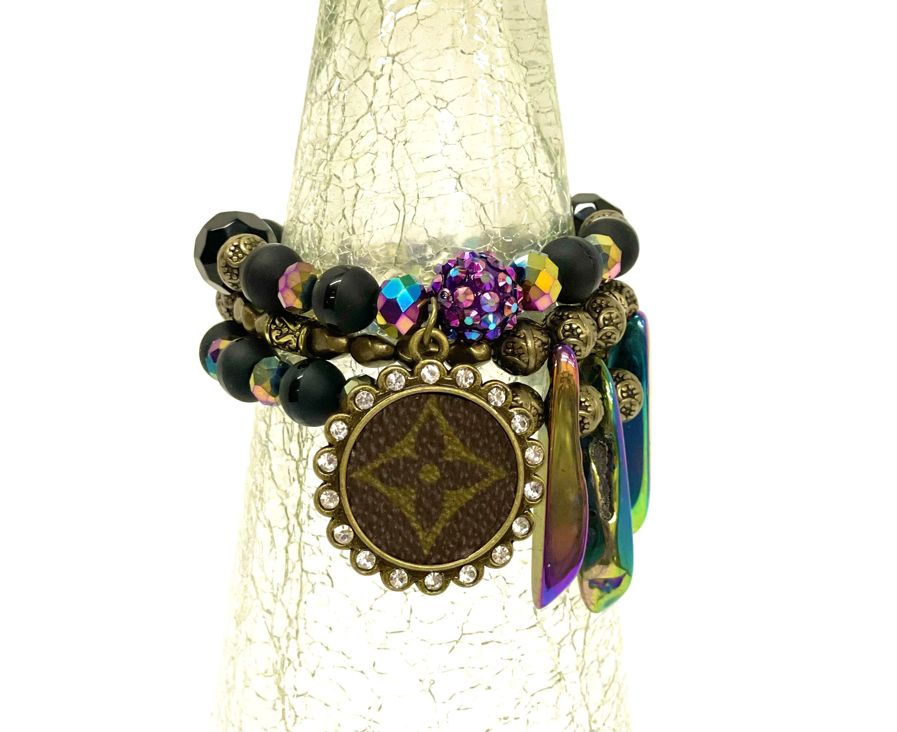 Hand beaded bracelet set black, antique, iridescent beads with antique pendant
