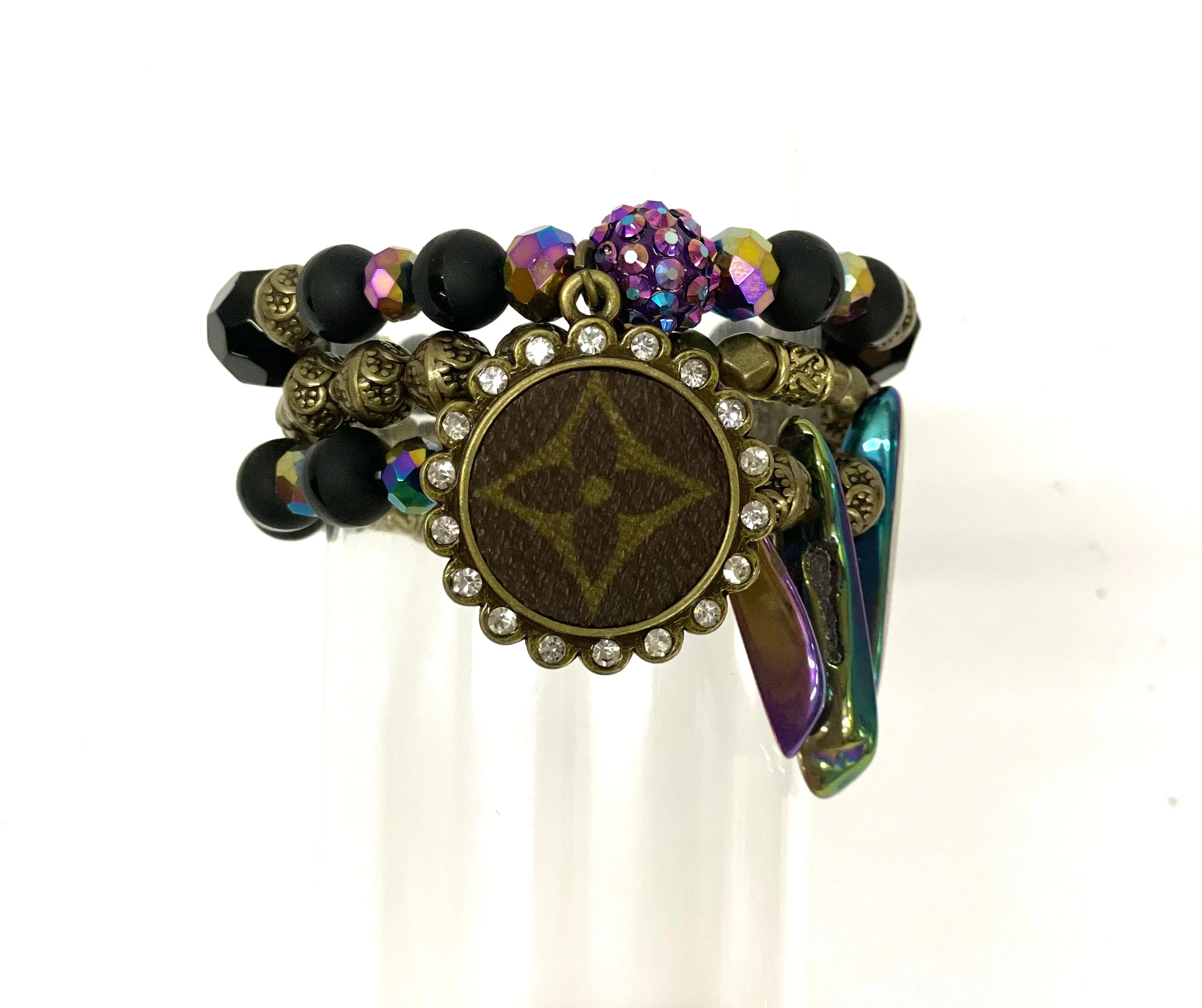 Hand beaded bracelet set black, antique, iridescent beads with antique pendant