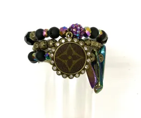 Hand beaded bracelet set black, antique, iridescent beads with antique pendant