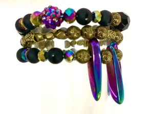 Hand beaded bracelet set black, antique, iridescent beads with no pendant
