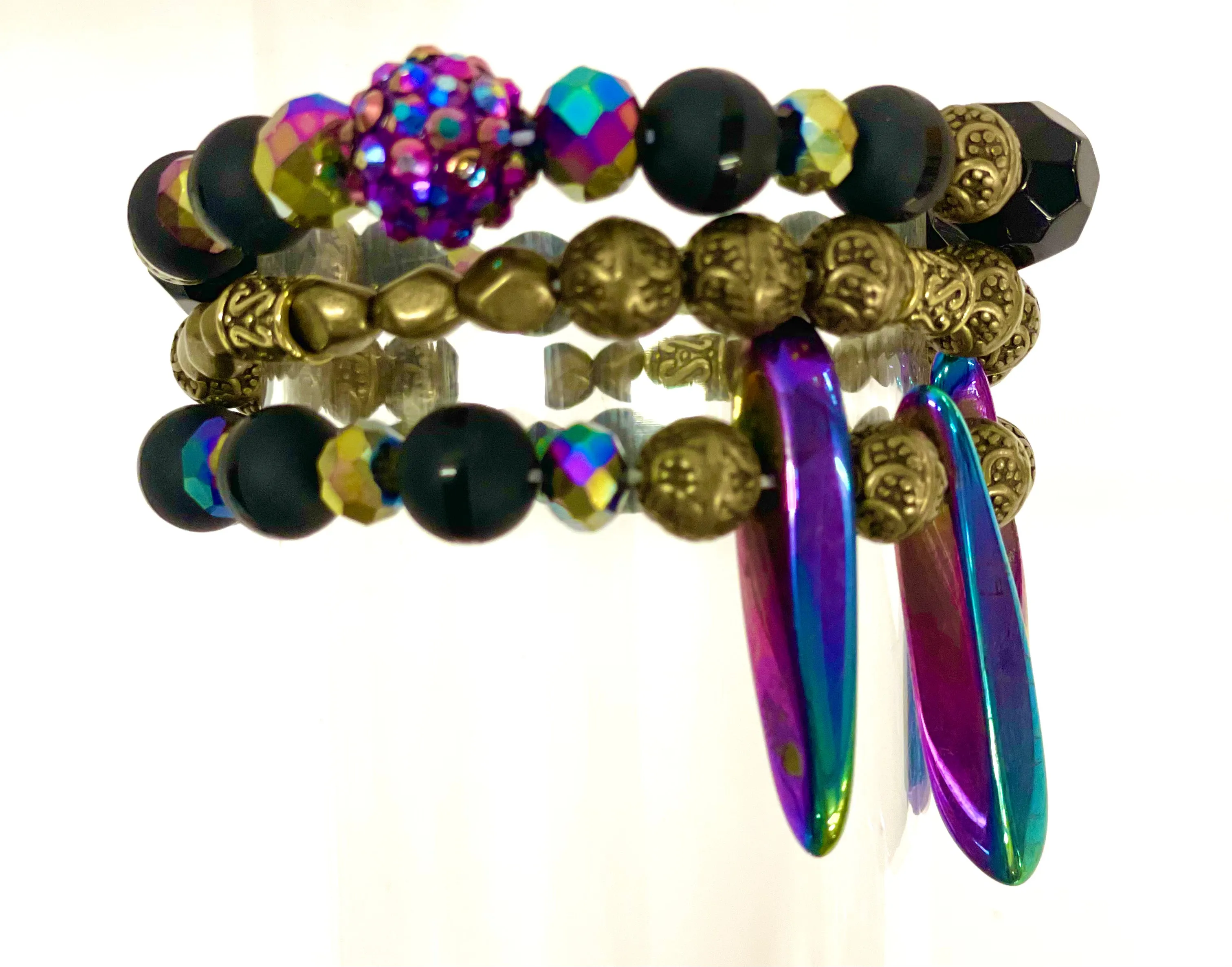 Hand beaded bracelet set black, antique, iridescent beads with no pendant