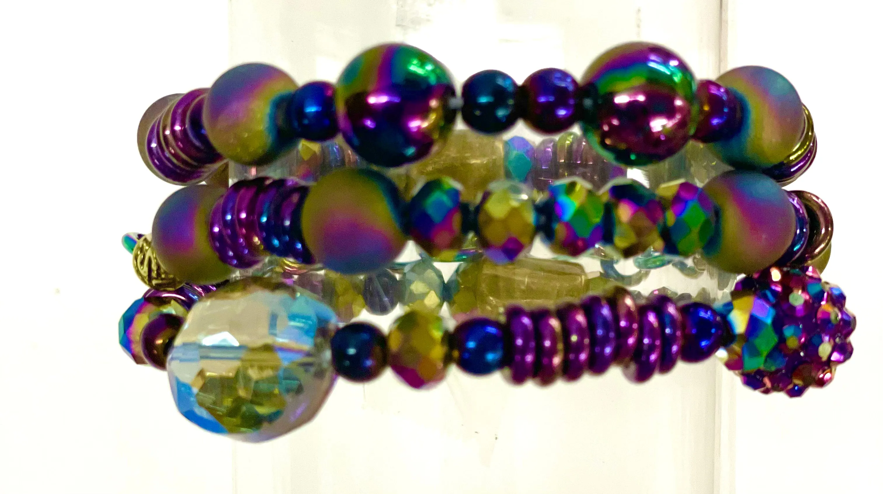 Hand beaded bracelet set iridescent beads no pendant