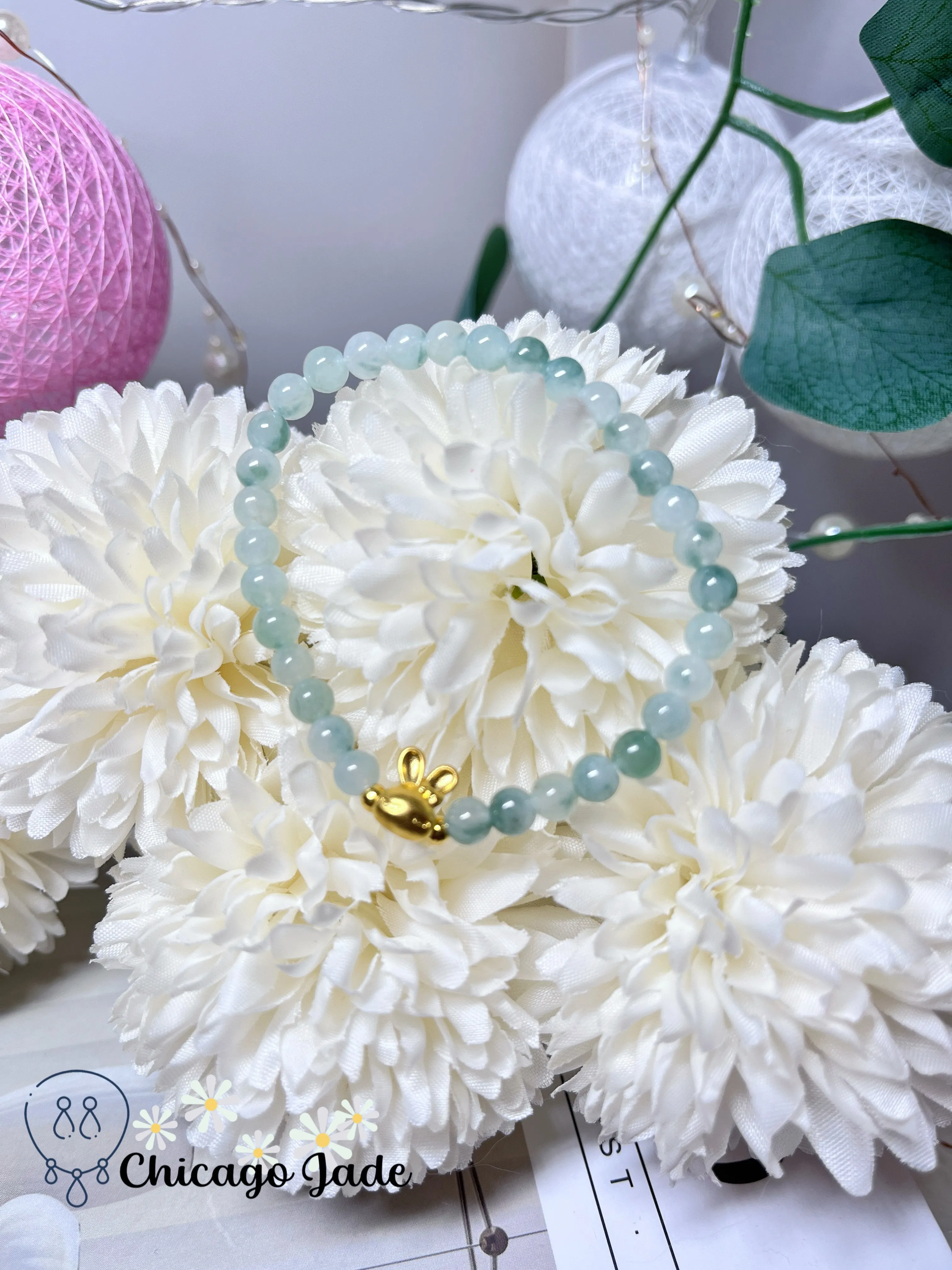 Icy Floating Green Flower Feicui Beads with 999 Solid Gold Rabbit Stretchable Jadeite Jade Bracelet Stretchable