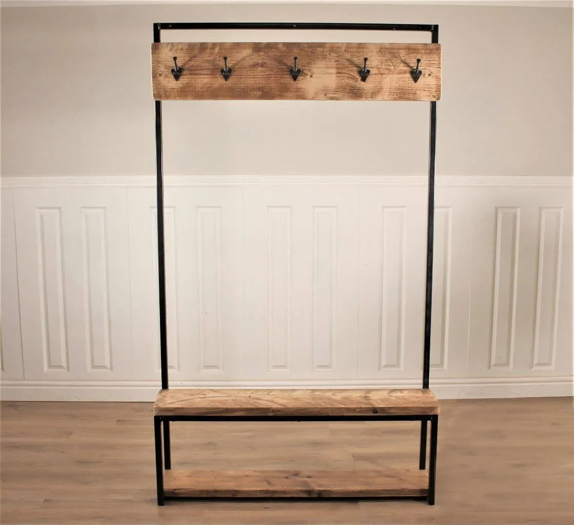 Industrial Hall Stand Coat Rack Storage Shoe Hooks Wood Rustic Reclaimed Umbrella Stand Bench Seat Entryway Handmade Steel Handbag Hallway Clothes