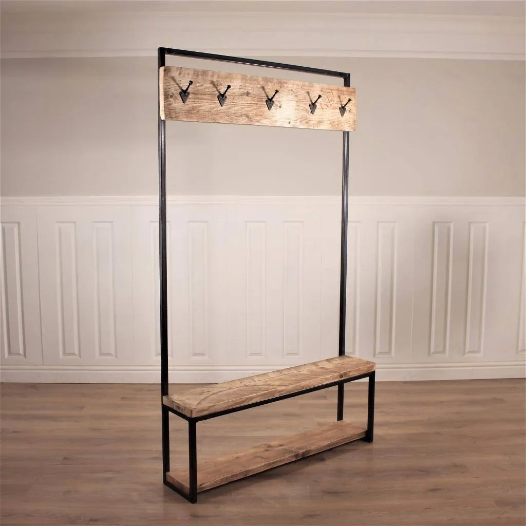 Industrial Hall Stand Coat Rack Storage Shoe Hooks Wood Rustic Reclaimed Umbrella Stand Bench Seat Entryway Handmade Steel Handbag Hallway Clothes