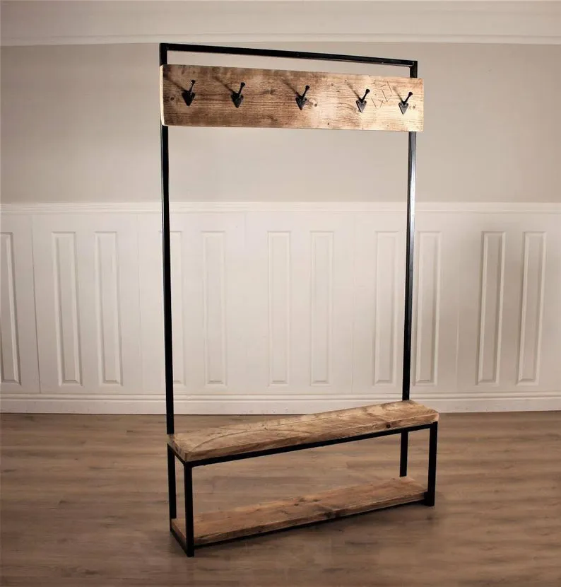 Industrial Hall Stand Coat Rack Storage Shoe Hooks Wood Rustic Reclaimed Umbrella Stand Bench Seat Entryway Handmade Steel Handbag Hallway Clothes