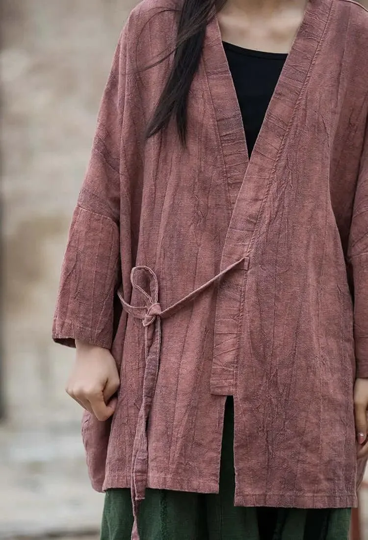 Ladies' Linen Breast-Tie Summer Coat With Asymmetrical Cut