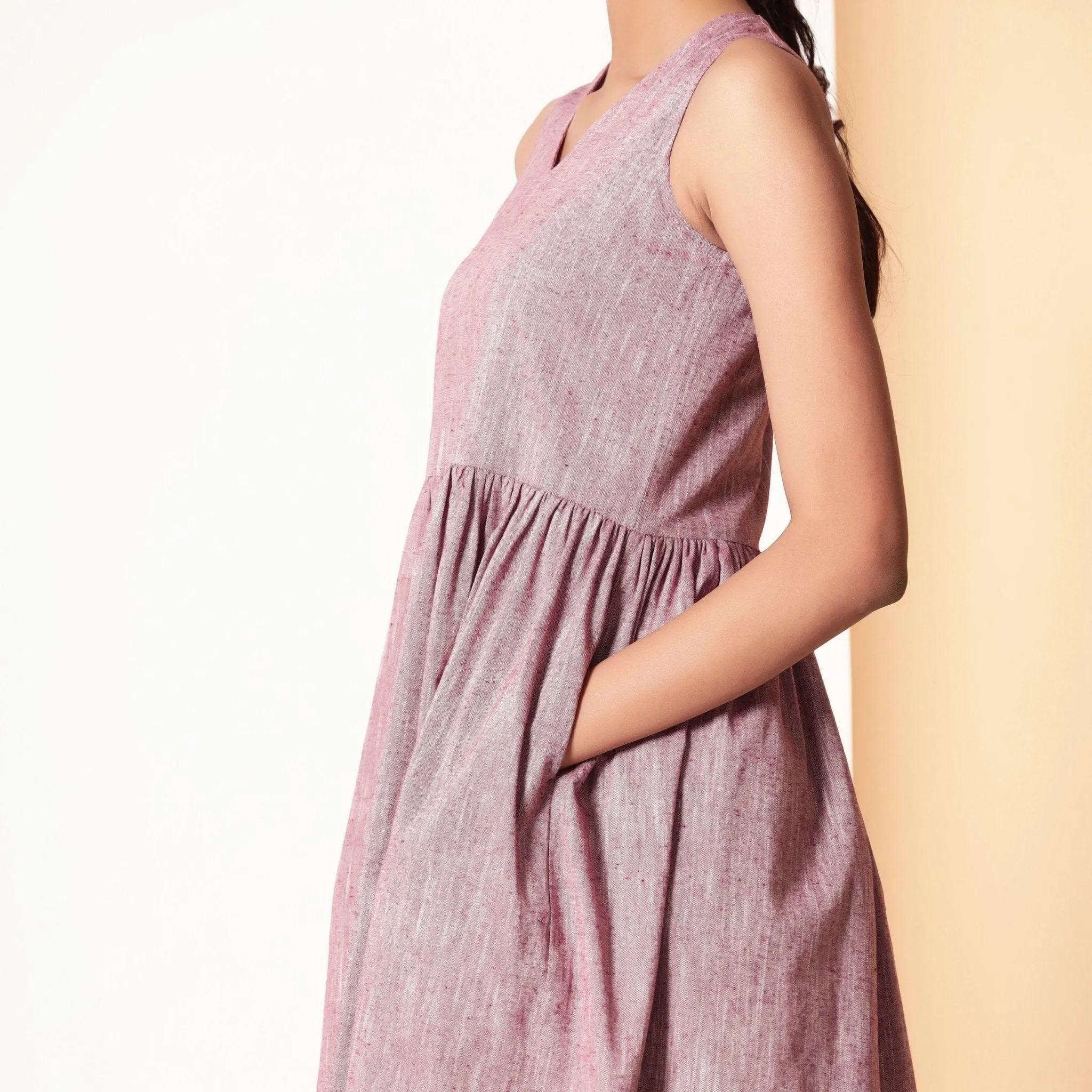 Light Maroon Yarn Dyed Cotton V-Neck Yoked Midi Dress