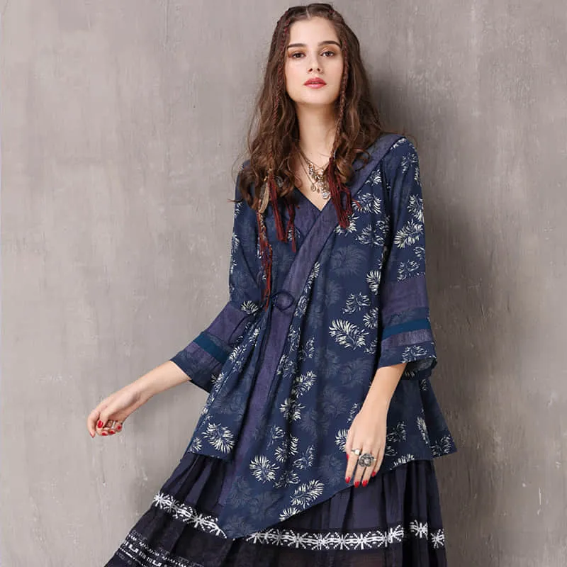 Loose blouse retro irregular V-neck sleeve shirt