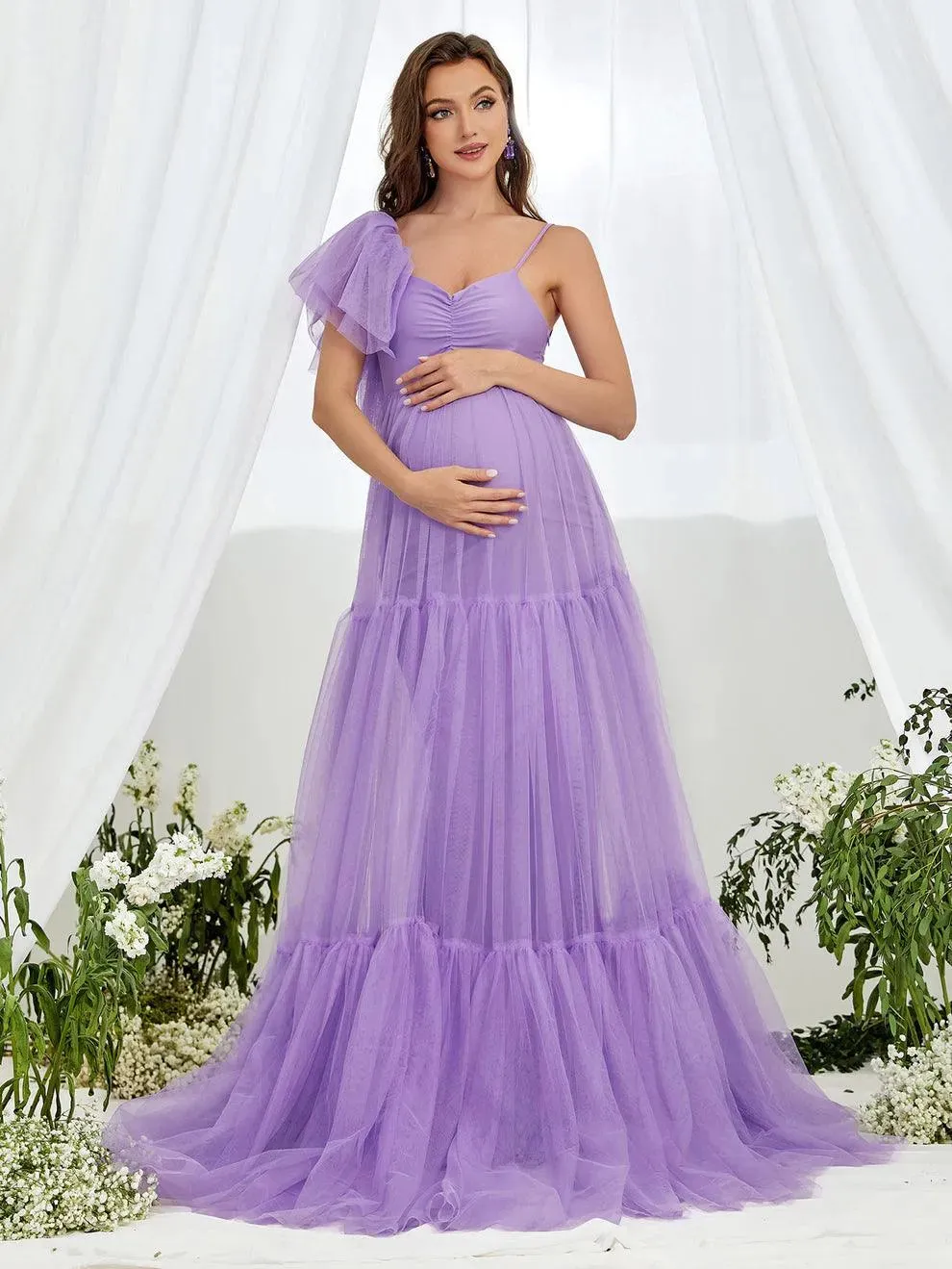 Maternity Ruched Bust Layered Hem Mesh Ruffle Cami Dress
