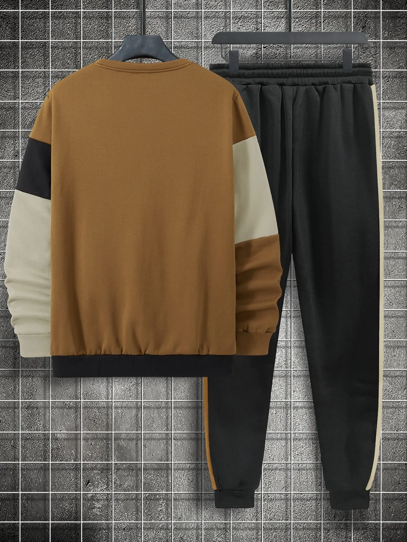 Men Color Block Thermal Pullover & Drawstring Waist Sweatpants