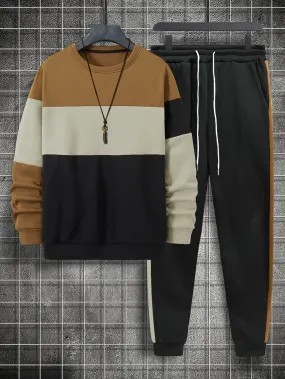 Men Color Block Thermal Pullover & Drawstring Waist Sweatpants