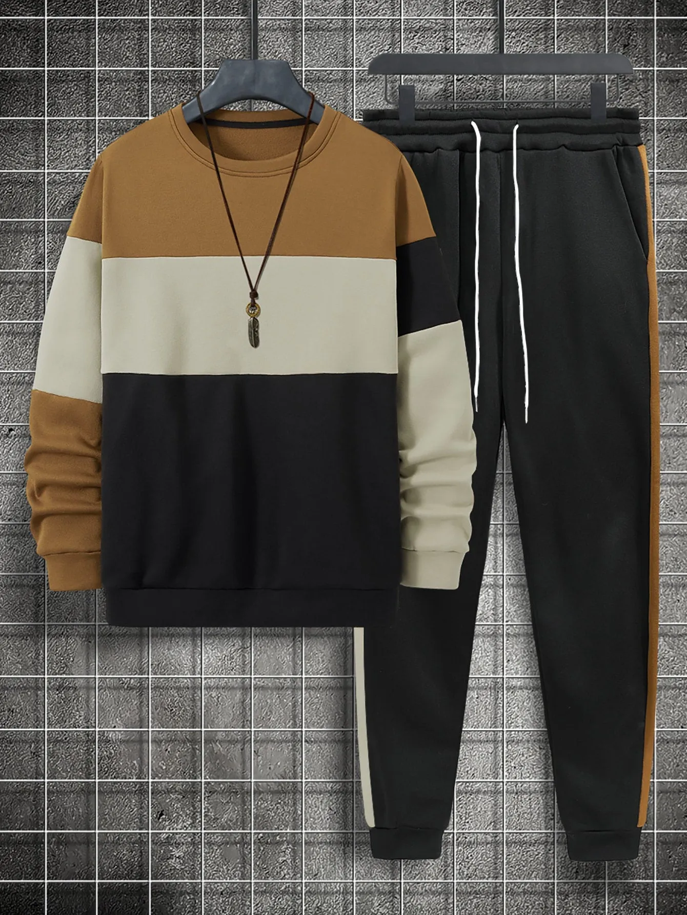 Men Color Block Thermal Pullover & Drawstring Waist Sweatpants