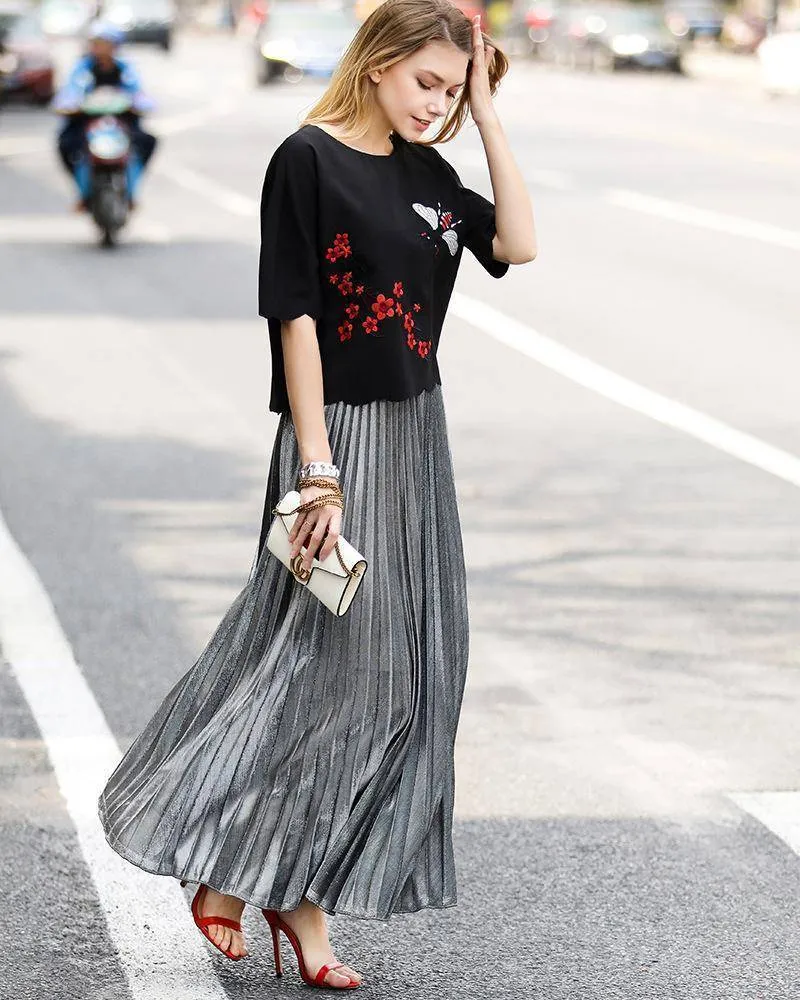 Metallic Long Pleated Floor length Maxi Skirt Gold or silver  (US 8-14)