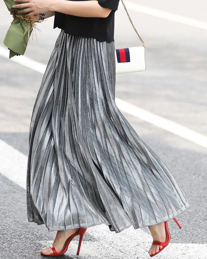 Metallic Long Pleated Floor length Maxi Skirt Gold or silver  (US 8-14)