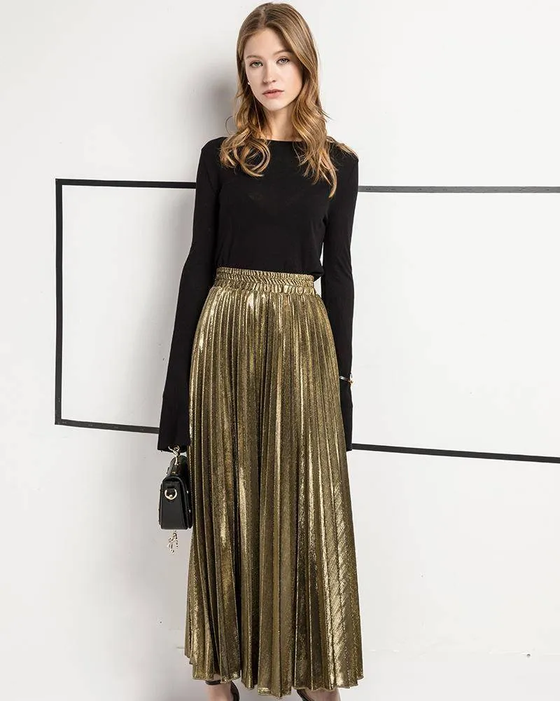 Metallic Long Pleated Floor length Maxi Skirt Gold or silver  (US 8-14)