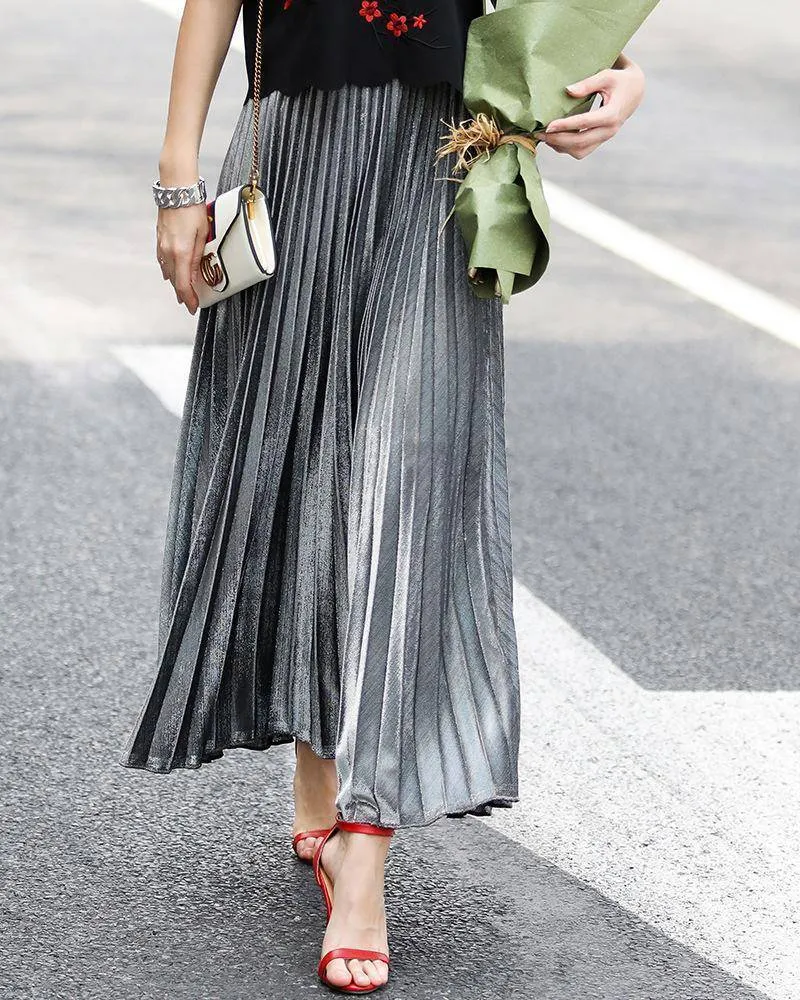 Metallic Long Pleated Floor length Maxi Skirt Gold or silver  (US 8-14)