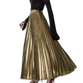 Metallic Long Pleated Floor length Maxi Skirt Gold or silver  (US 8-14)
