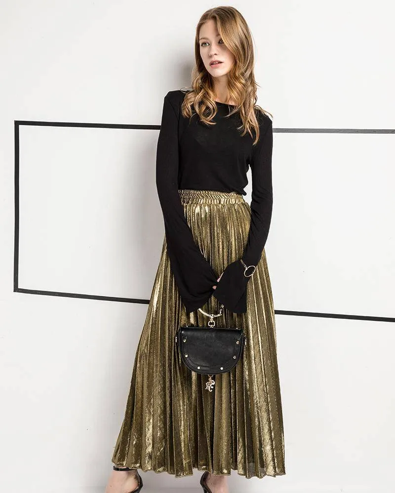 Metallic Long Pleated Floor length Maxi Skirt Gold or silver  (US 8-14)