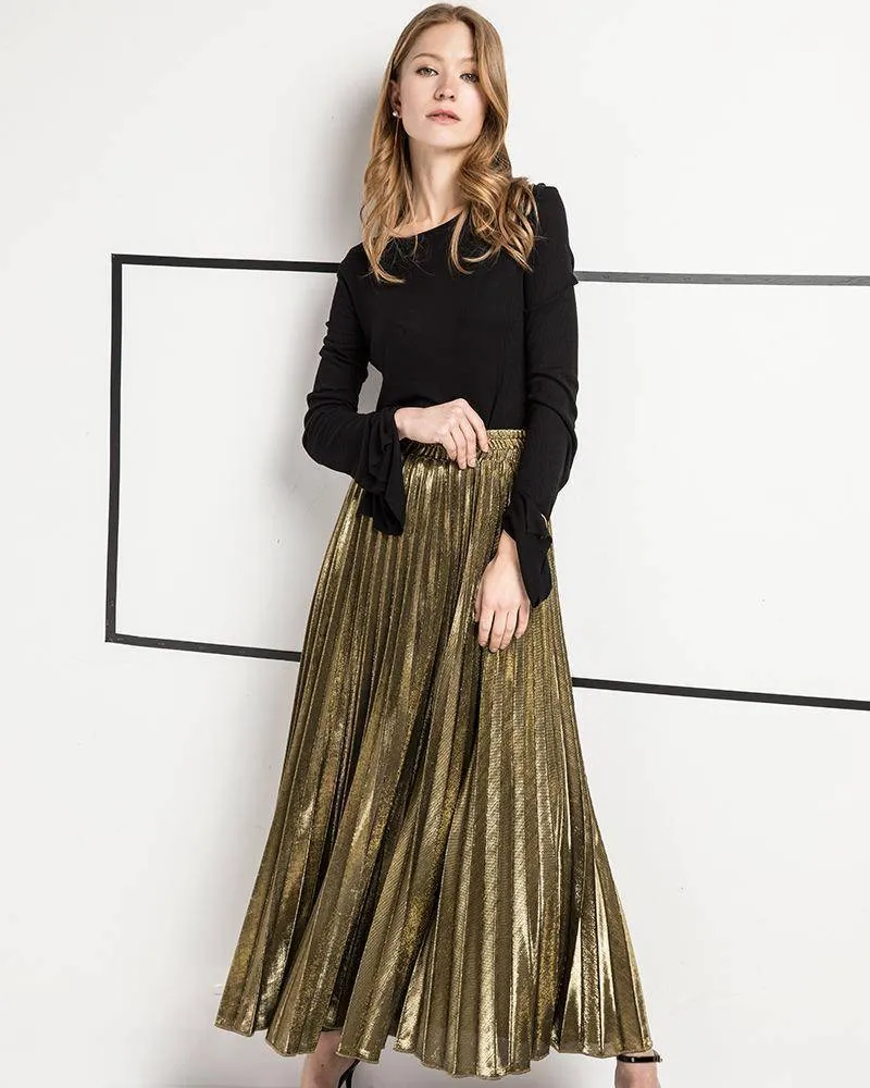 Metallic Long Pleated Floor length Maxi Skirt Gold or silver  (US 8-14)